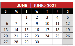 District School Academic Calendar for C M Rice Middle for June 2021