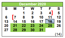 District School Academic Calendar for Pleasanton J H for December 2020