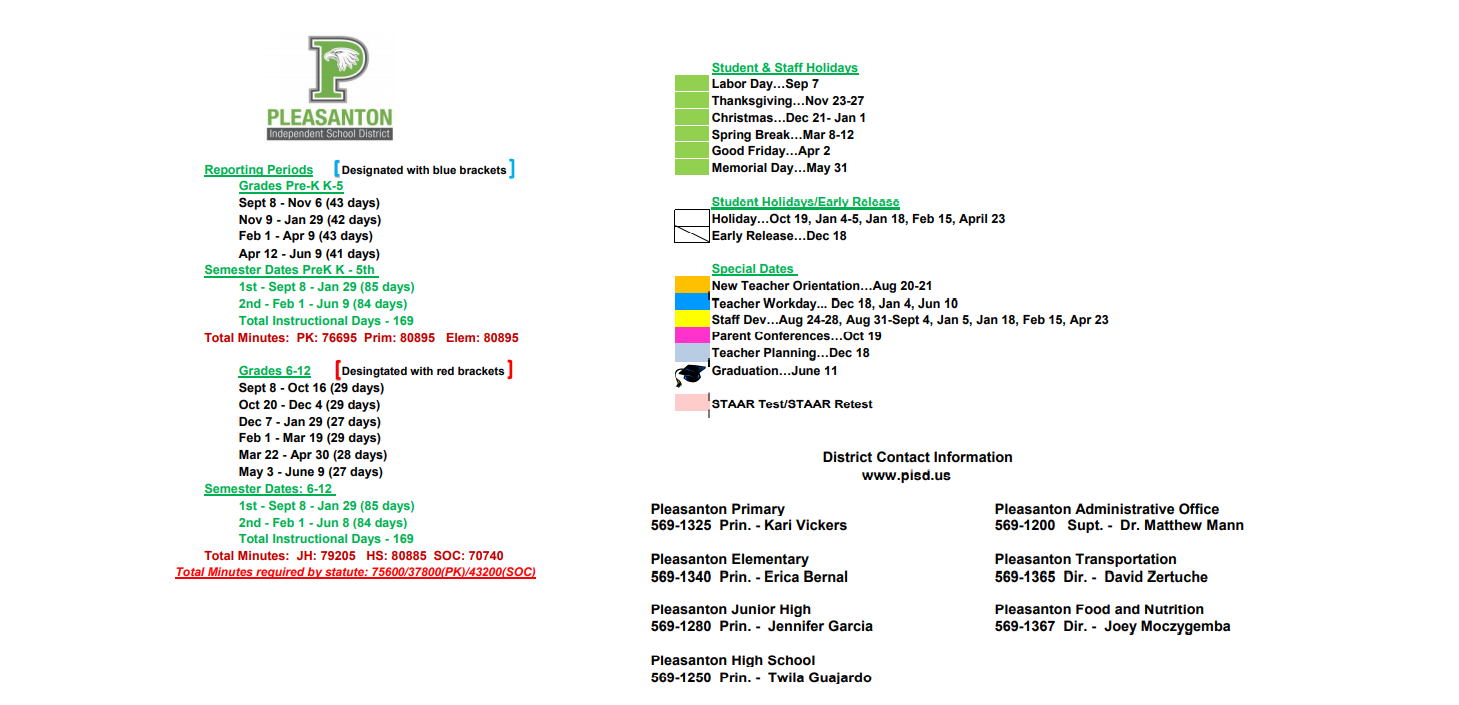 District School Academic Calendar Key for Pleasanton J H