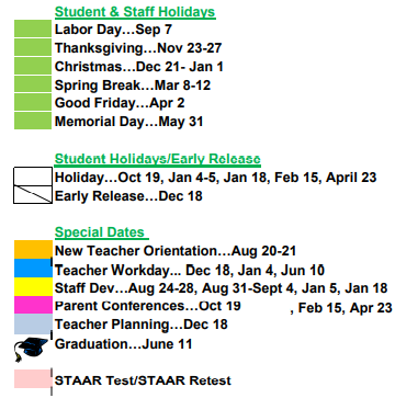 District School Academic Calendar Legend for Pleasanton H S