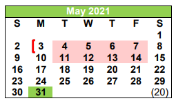 District School Academic Calendar for Pleasanton Primary for May 2021