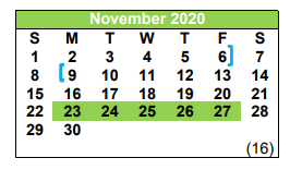 District School Academic Calendar for Pleasanton Primary for November 2020