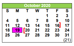 District School Academic Calendar for Pleasanton Primary for October 2020