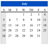 District School Academic Calendar for Cameron Co J J A E P for July 2020