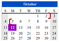 District School Academic Calendar for Cameron Co J J A E P for October 2020