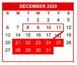 District School Academic Calendar for Nueces Co J J A E P for December 2020