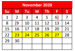 District School Academic Calendar for New Middle for November 2020