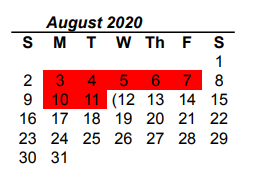 District School Academic Calendar for Denton Co J J A E P for August 2020