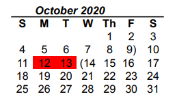 District School Academic Calendar for Denton Co J J A E P for October 2020