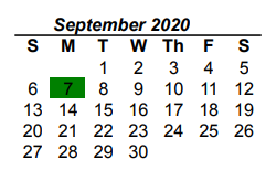 District School Academic Calendar for Tenderfoot Primary for September 2020