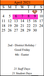 District School Academic Calendar for Schulenburg Elementary for April 2021
