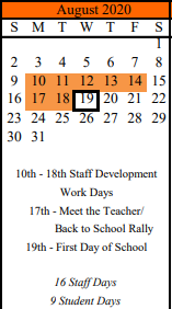 District School Academic Calendar for Schulenburg Elementary for August 2020