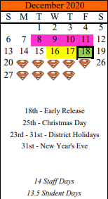 District School Academic Calendar for Schulenburg Elementary for December 2020