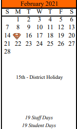 District School Academic Calendar for Schulenburg Elementary for February 2021