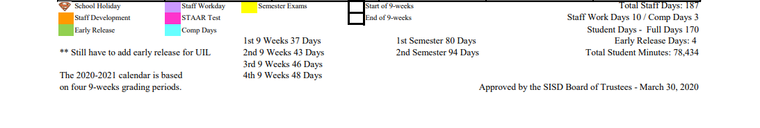 District School Academic Calendar Key for Schulenburg Secondary