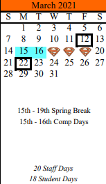 District School Academic Calendar for Schulenburg Elementary for March 2021