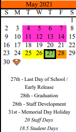 District School Academic Calendar for Schulenburg Secondary for May 2021