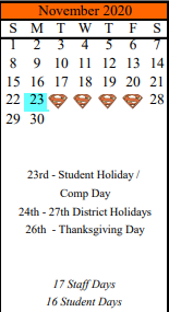 District School Academic Calendar for Schulenburg Secondary for November 2020