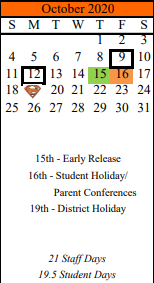 District School Academic Calendar for Schulenburg Elementary for October 2020