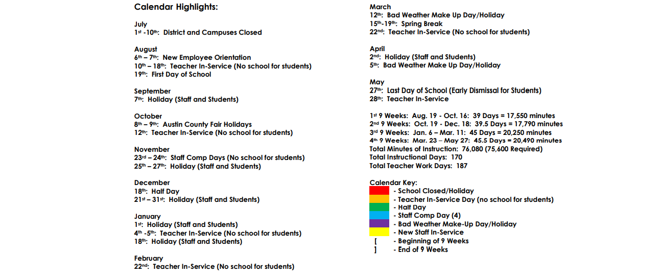 District School Academic Calendar Key for Selman Int