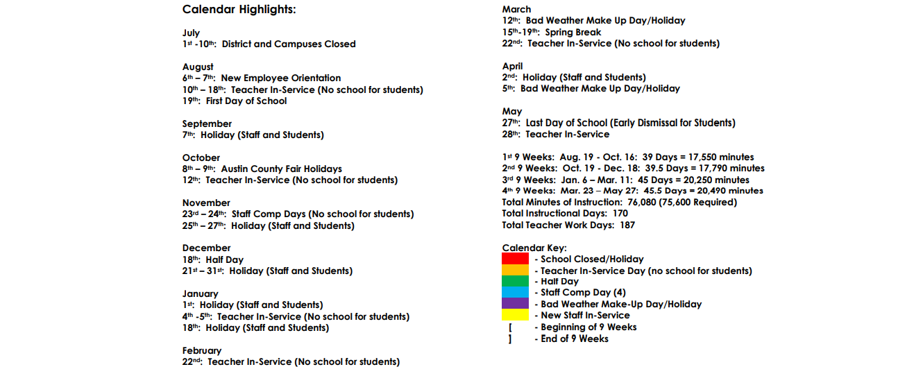 District School Academic Calendar Key for Sealy J H