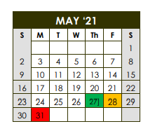 District School Academic Calendar for Sealy J H for May 2021