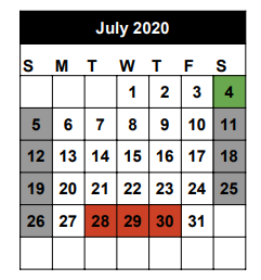 District School Academic Calendar for Seminole J H for July 2020