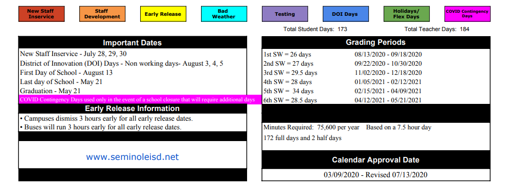 District School Academic Calendar Key for Seminole Pri