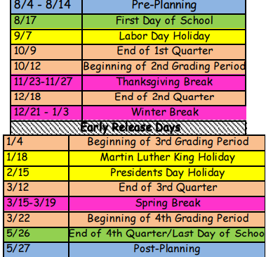 District School Academic Calendar Legend for Seminole County Elementary School