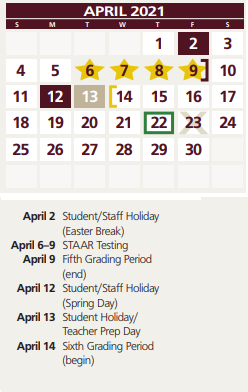 District School Academic Calendar for Silsbee H S for April 2021