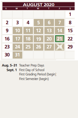 District School Academic Calendar for John H Kirby Elementary for August 2020