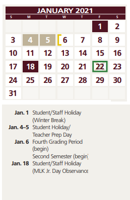 District School Academic Calendar for John H Kirby Elementary for January 2021