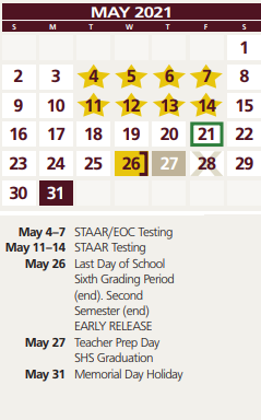 District School Academic Calendar for Hardin Co Alter Ed for May 2021
