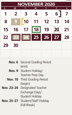 District School Academic Calendar for Silsbee H S for November 2020