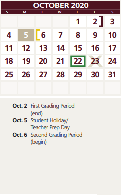 District School Academic Calendar for Silsbee H S for October 2020