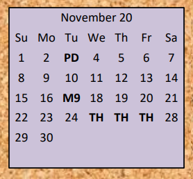 District School Academic Calendar for Gordonsville Elementary School for November 2020