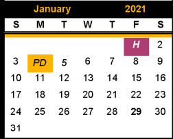 District School Academic Calendar for East El for January 2021