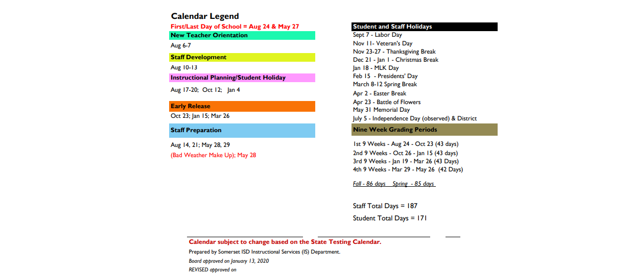 District School Academic Calendar Key for Somerset High School