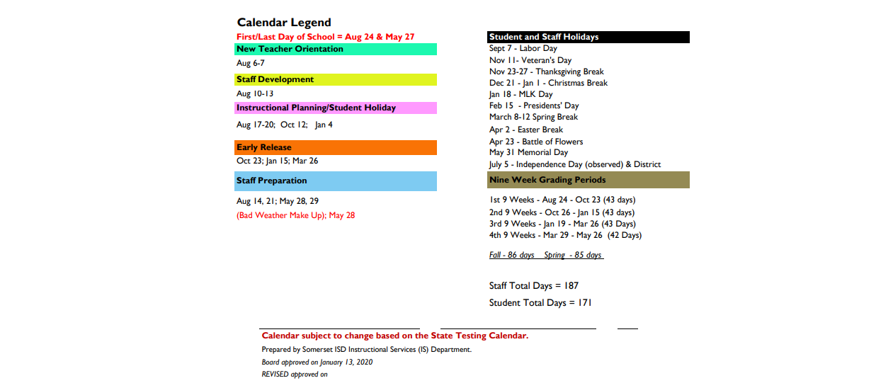 District School Academic Calendar Key for S/sgt Michael P Barrera Veterans E