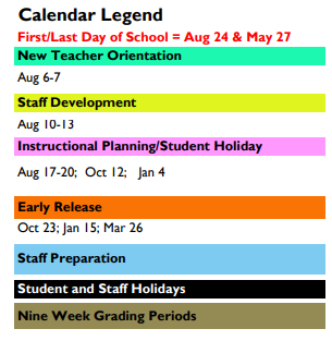 District School Academic Calendar Legend for Somerset Elementary