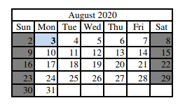 District School Academic Calendar for South Central Elementary for August 2020