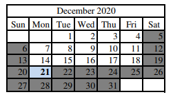 District School Academic Calendar for South Central Elementary for December 2020