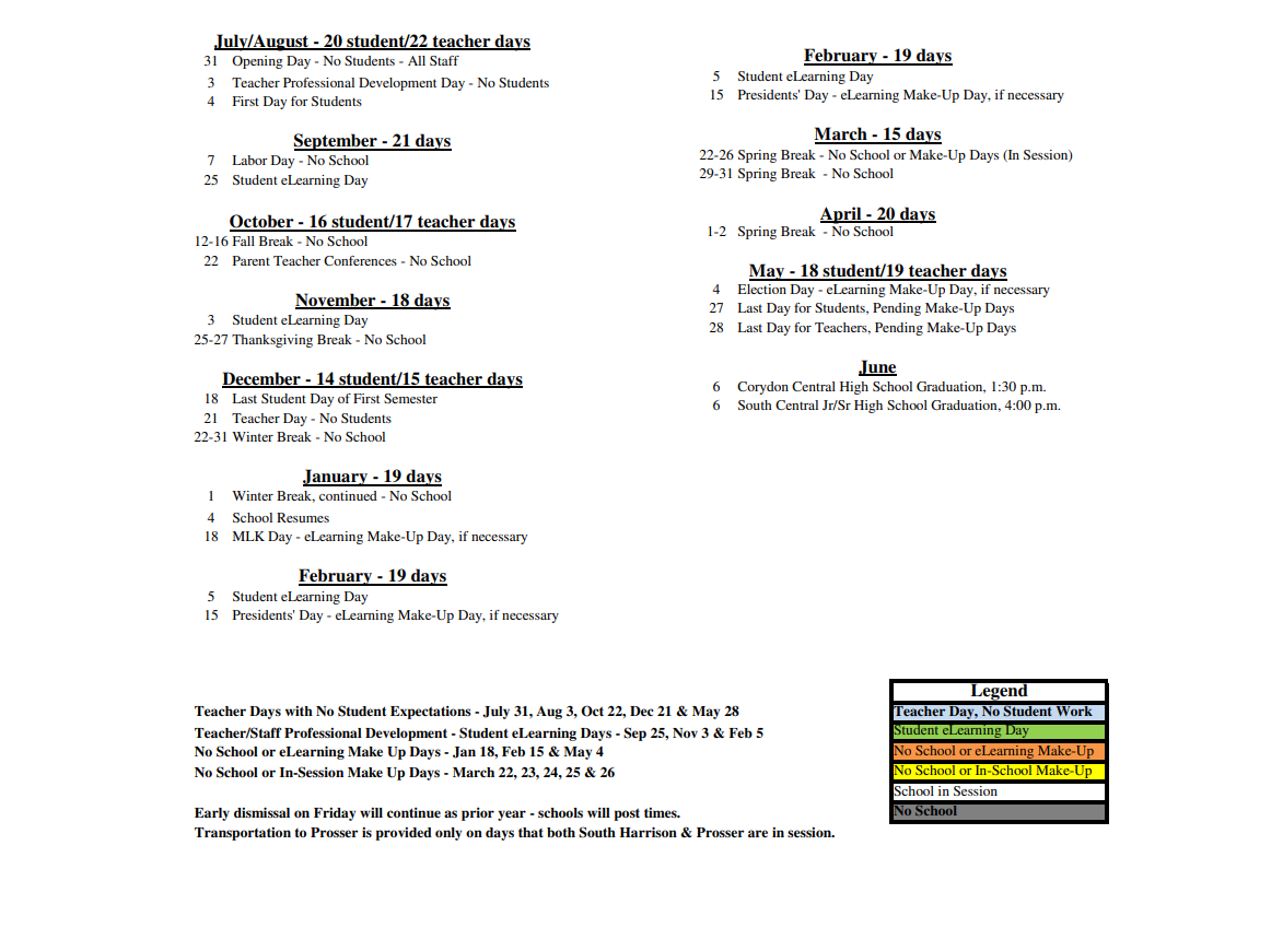 District School Academic Calendar Key for Corydon Central High School