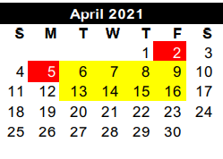 District School Academic Calendar for Cameron Co J J A E P for April 2021