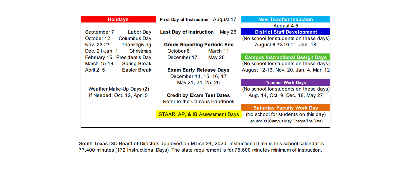 District School Academic Calendar Key for South Texas Business Education & T