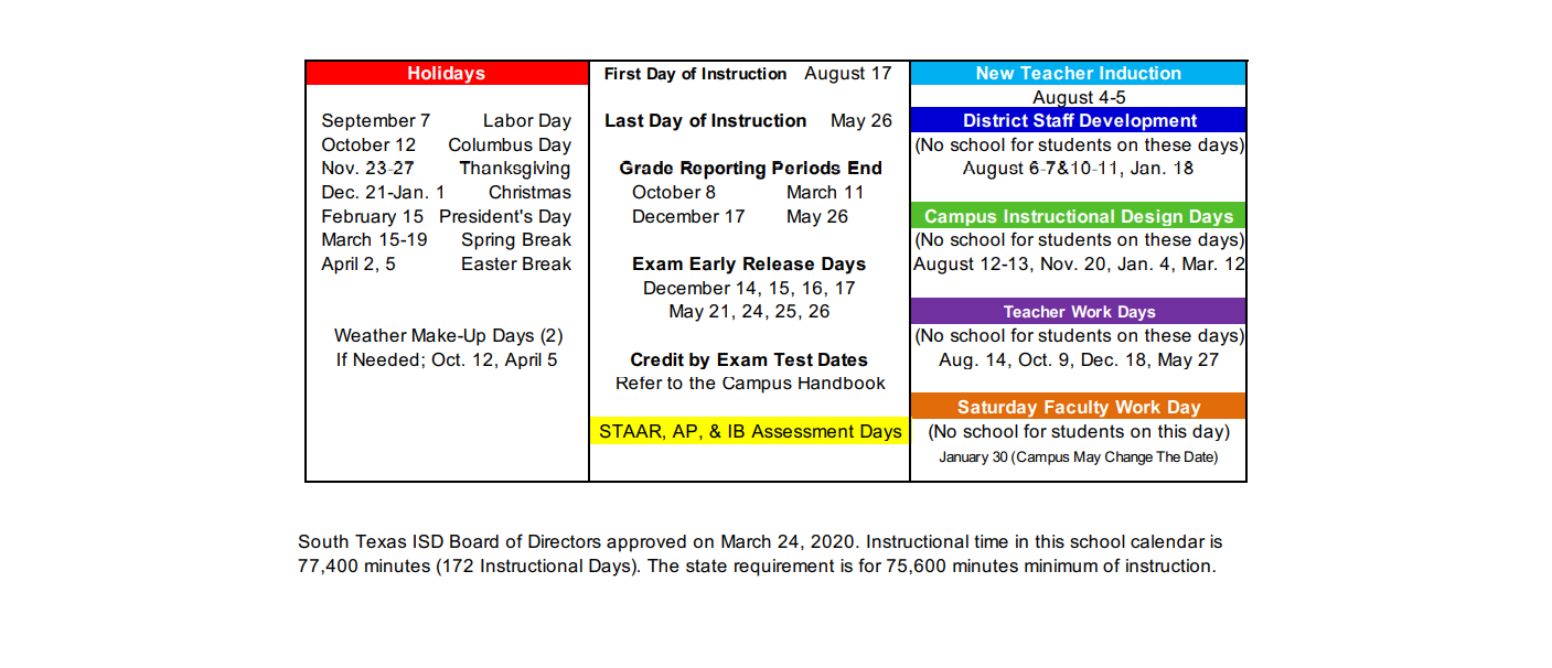 District School Academic Calendar Key for Cameron Co J J A E P