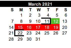 District School Academic Calendar for Hidalgo Co J J A E P for March 2021