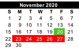 District School Academic Calendar for Cameron Co J J A E P for November 2020