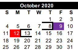 District School Academic Calendar for Cameron Co J J A E P for October 2020