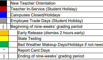 District School Academic Calendar Legend for Peach Creek Elementary